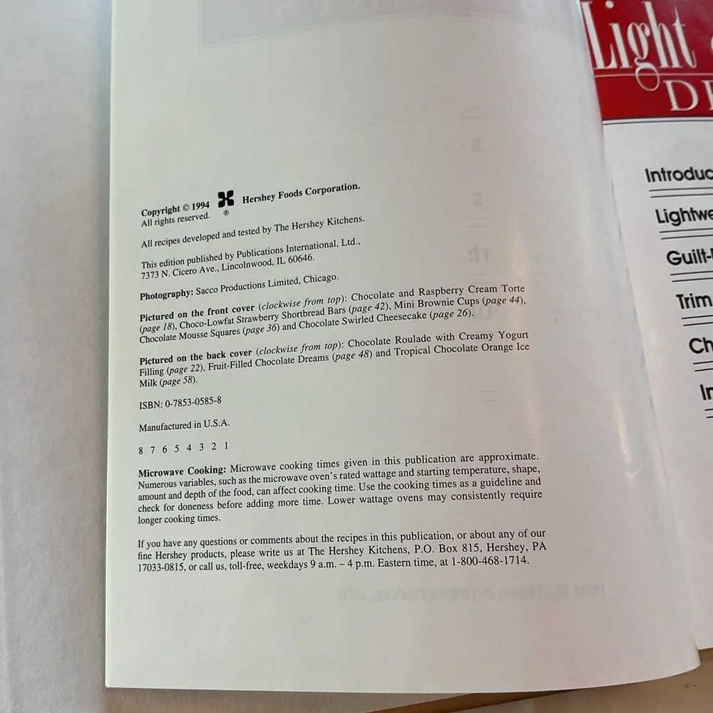 Hershey’s Light & Luscious Desserts Cookbook 1994 Vintage